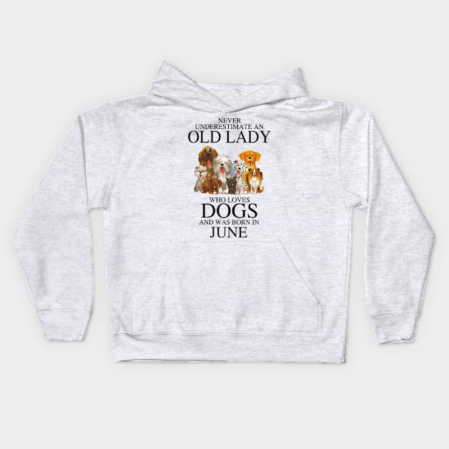 Never Underestimate An Old Lady Who Loves Dogs And Was Born In June Kids Hoodie by louismcfarland